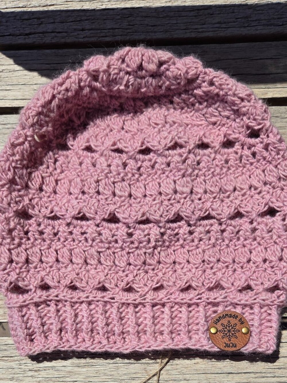 Artisan Handmade Crochet Virgin Wool Blend "Powder Rose" Slouchy Boho Beanie Hat